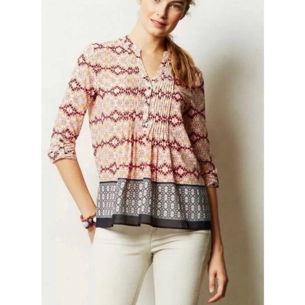 Anthropologie HD in Paris Kaveri Pink Mixed Print Pintucked Long Sleeve Blouse